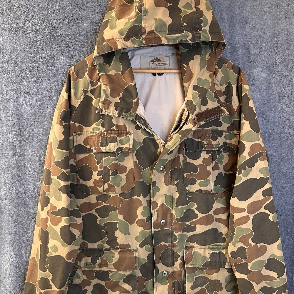 VTG Camel 80s Men's M Camouflage Hooded Lined Full Zip Hunting Jacket Pocketed